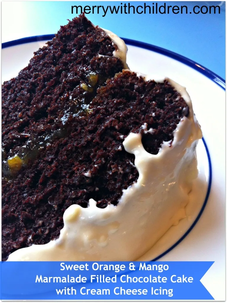 Sweet orange and mango marmalade filled chocolate cake