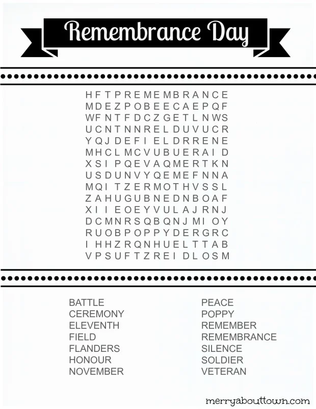 Remembrance Day Wordsearch Printable