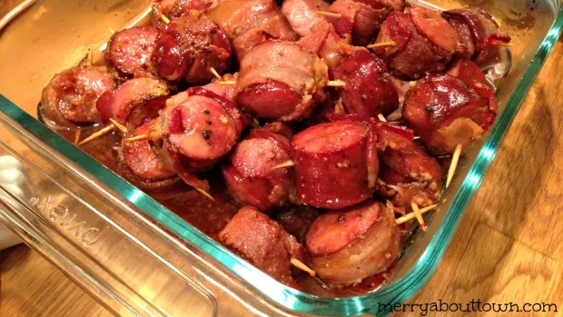 Slow Cooker Glazed Bacon Wrapped Sausage - MerryAboutTown