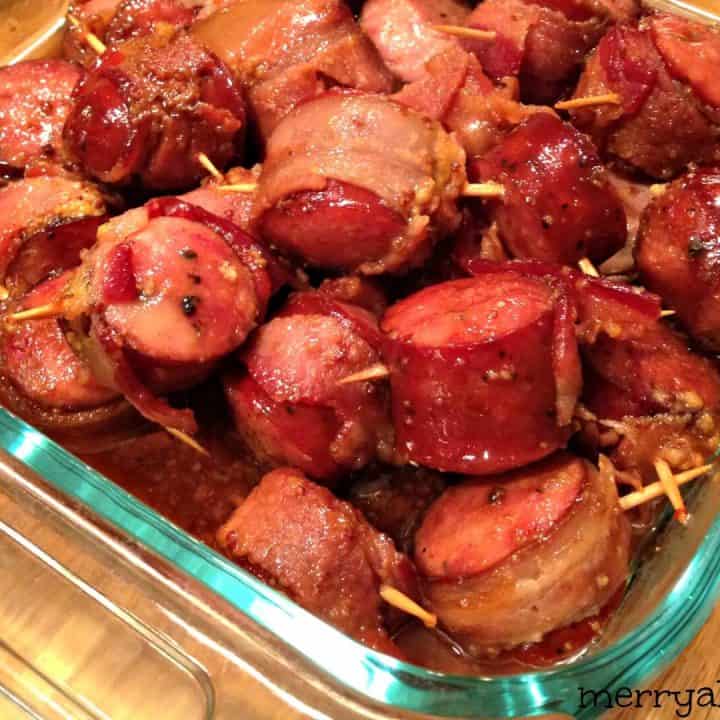 Easy Appetizer - Slow Cooker Glazed Bacon Wrapped Sausage Bites - Merry  About Town