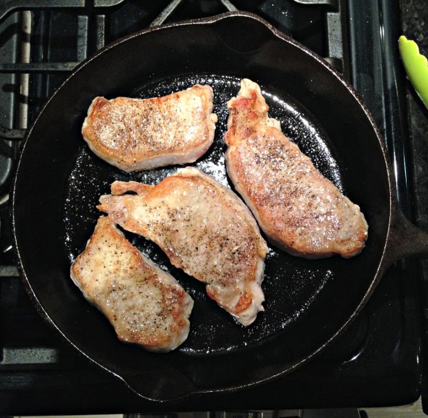Searing the pork chops - Merry About Town