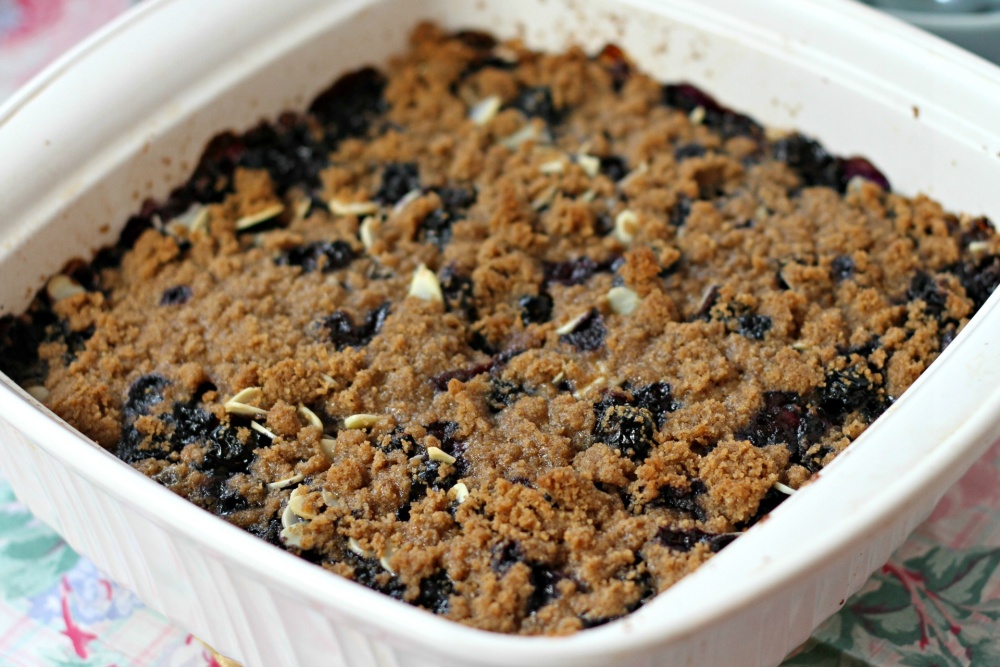 Blueberry pie baked oats recipe in a white baking dish