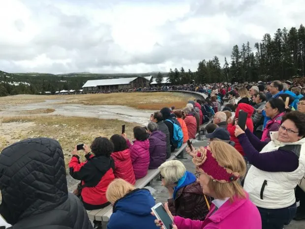 All the people waiting to see Old Faithful at Yellowstone