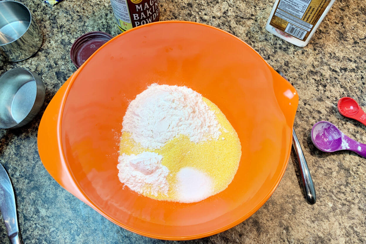 Mix flour, cornmeal and baking powder