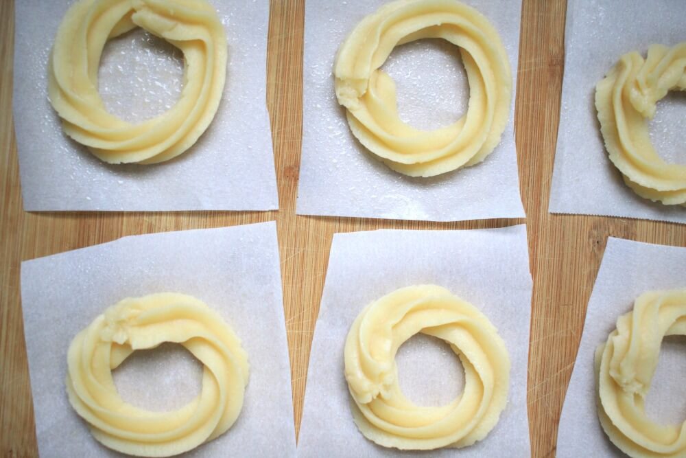 Piped Crullers Ready to Fry