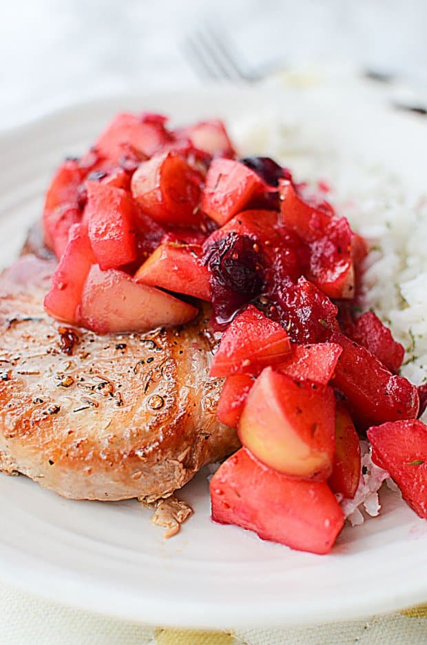 pan friend pork chops with cranberry apple compote