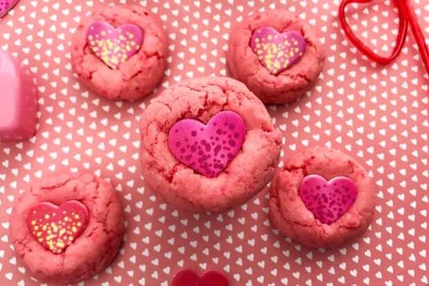 Strawberry cake mix cookies with candy hearts