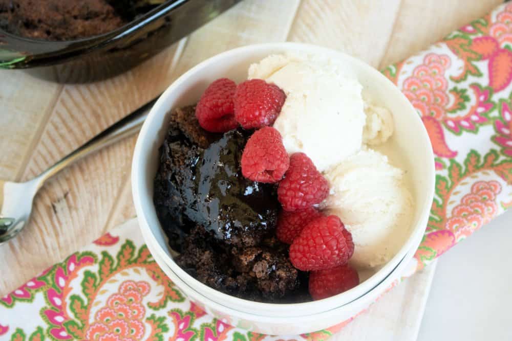 Chocolate Cobbler in a white bowl