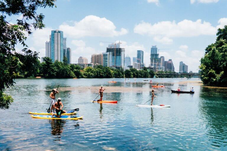 Paddle boarding on a lake in Austin