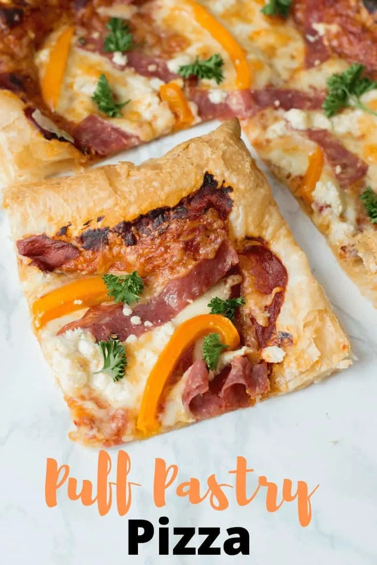 Puff pastry pizza with salami, cheese and peppers