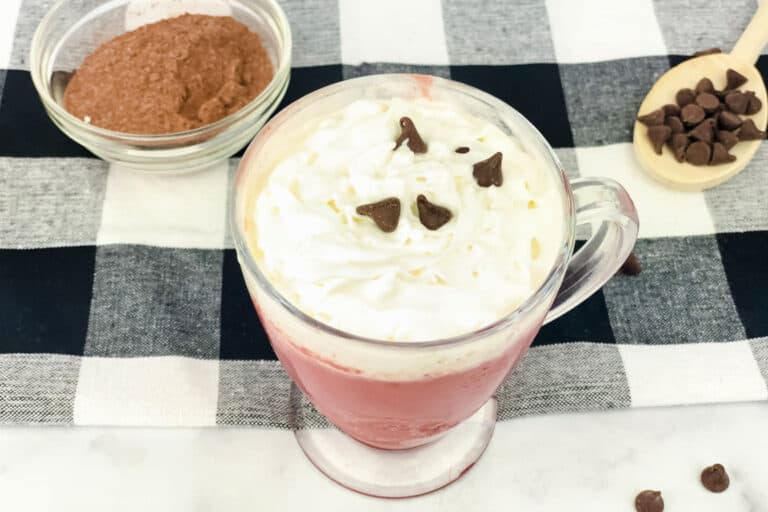 Red Velvet Hot Cocoa on a buffalo plaid napkin