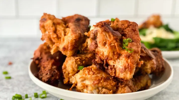 Southern fried chicken on a white plate