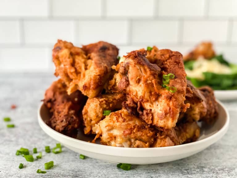 Southern fried chicken on a white plate