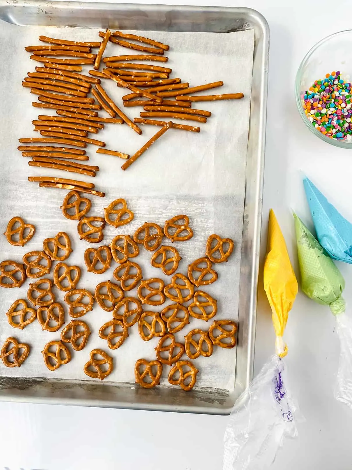 Ingredients to make chocolate striped pretzels