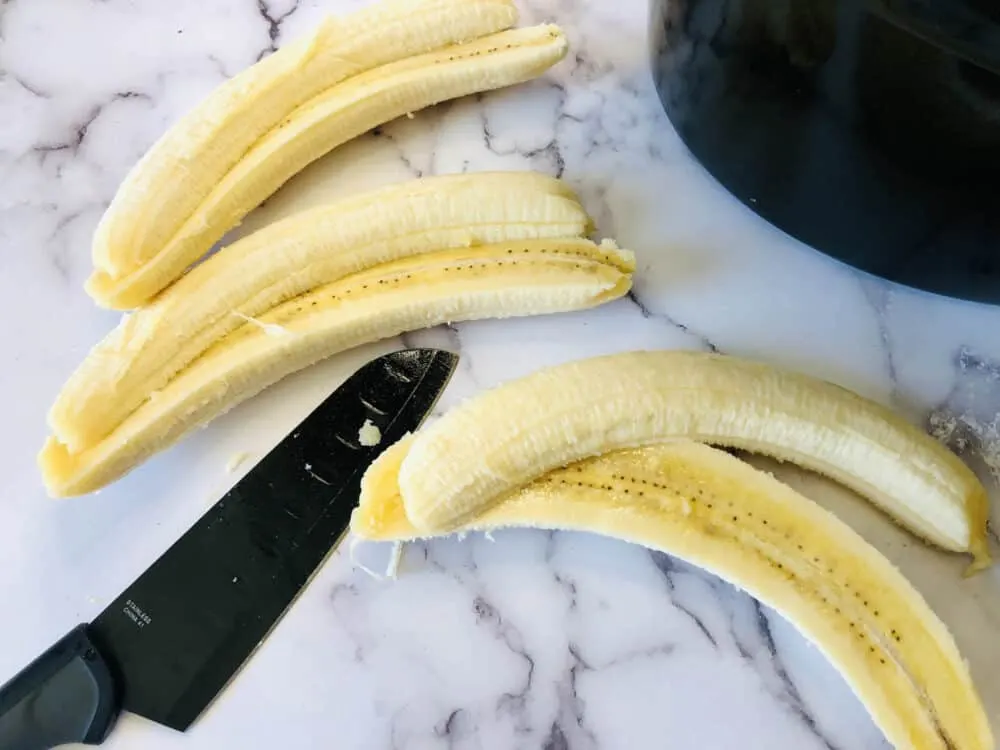 Bananas cut in half lengthwise