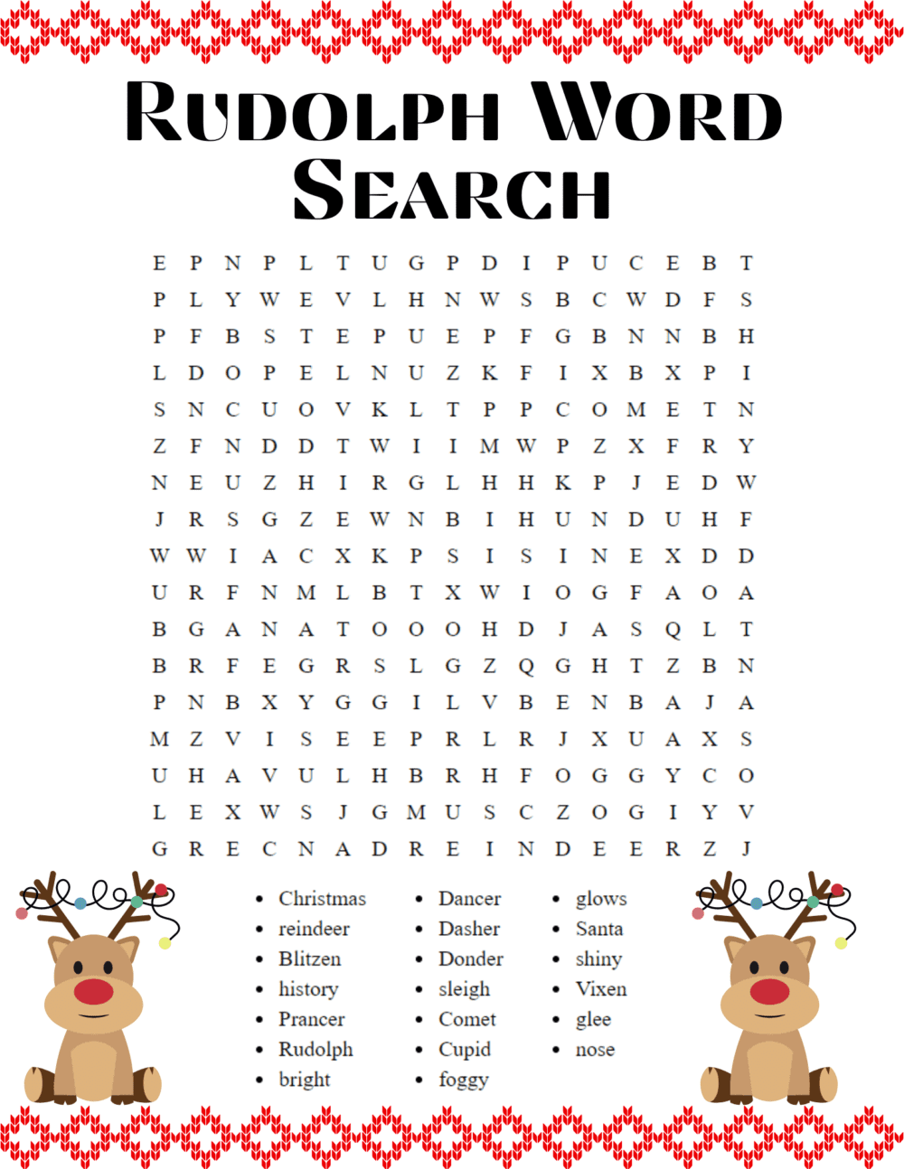 Rudolph themed word search printable