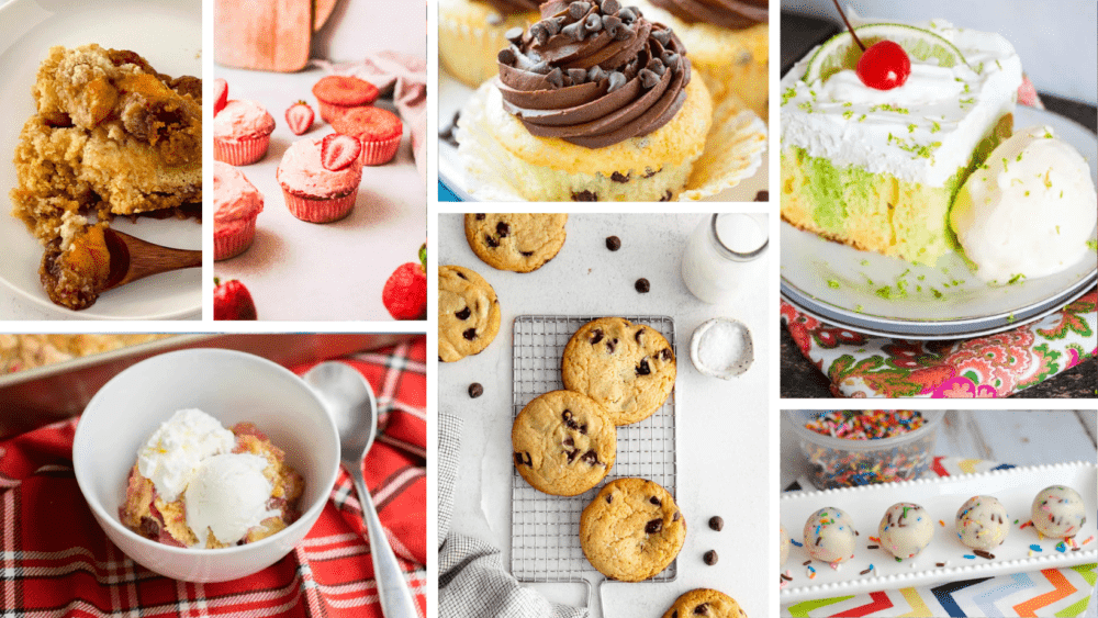 A collage featuring desserts like cookies, cakes, and truffles that are made with a boxed cake mix.