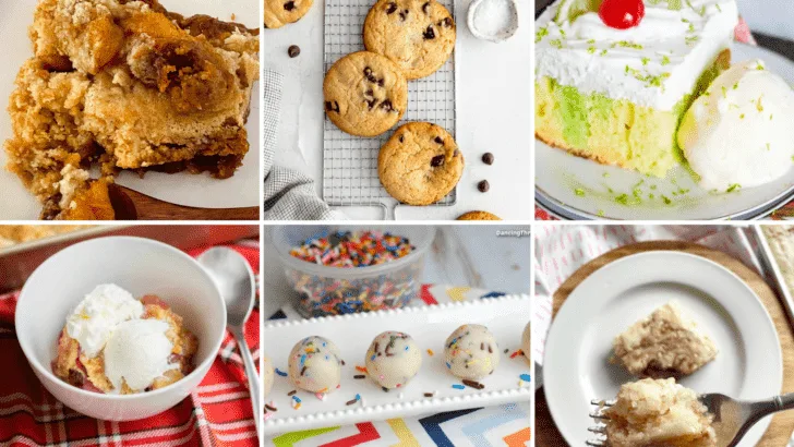 A collage of photos of desserts that use cake mix.