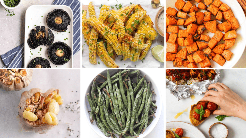A collage of vegetable side dishes, all roasted in the air fryer.