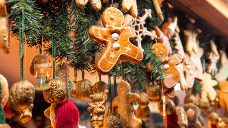 Handmade christmas items hanging in a market stall