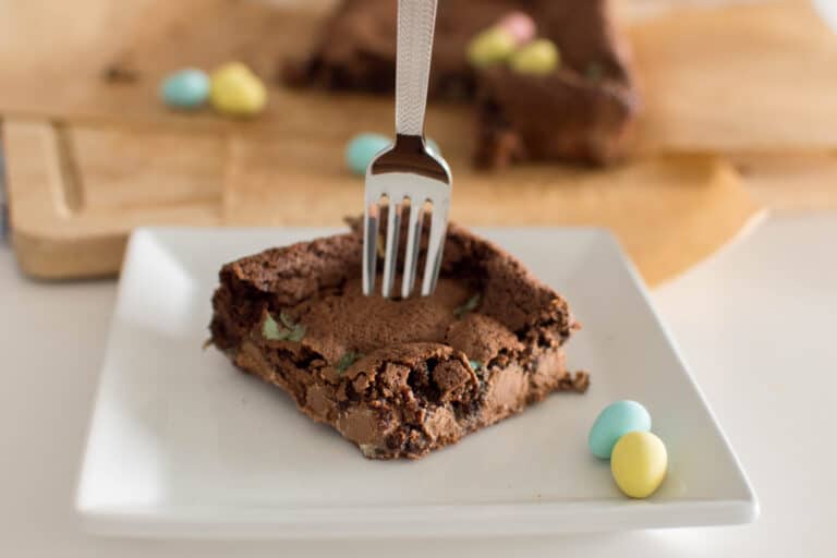Mini Eggs Brownies on a white plate