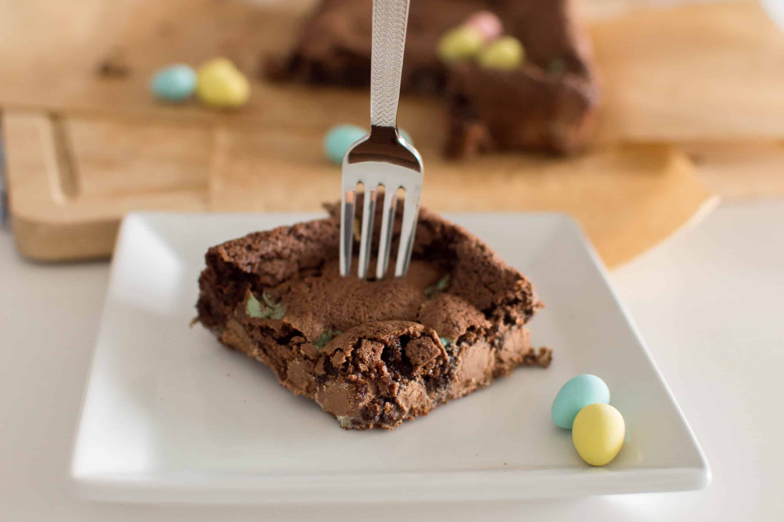 Mini Eggs Brownies on a white plate