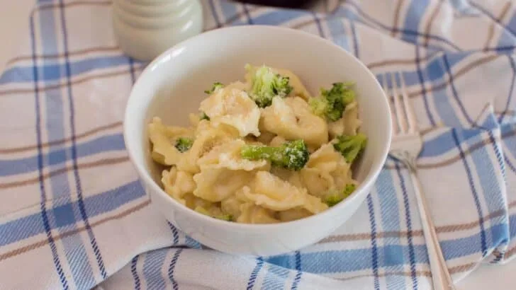Close-up of a bowl of homemade alfredo tortellini with homemade sauce, sitting on a plaid napkin