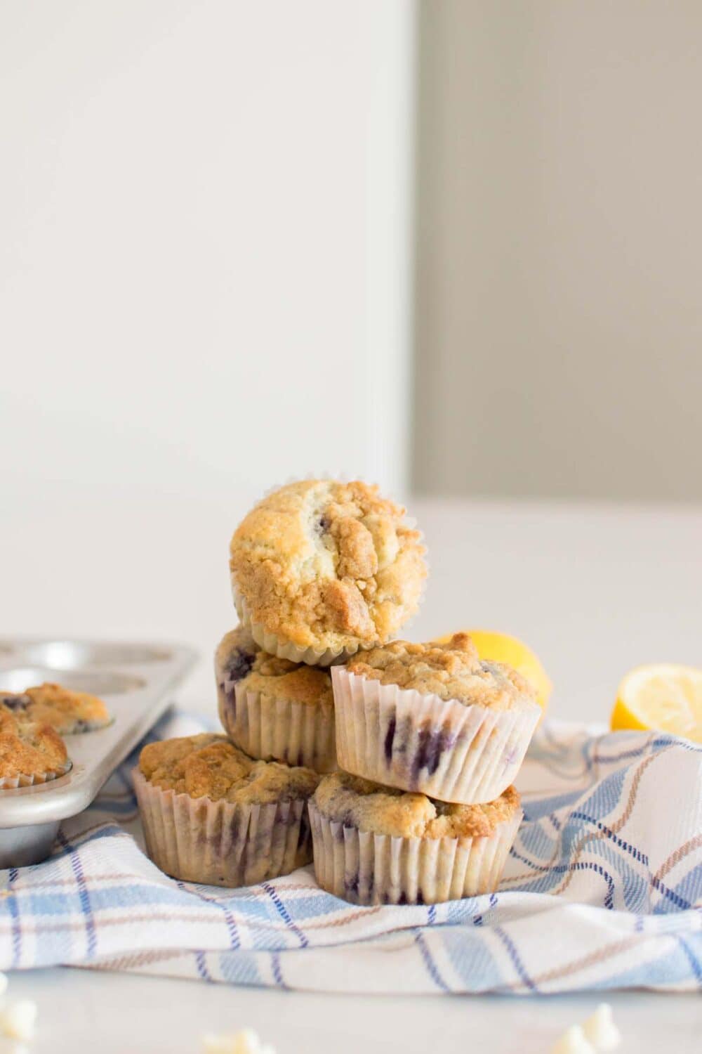Delicious lemon and blueberry muffins with a homemade streusel topping