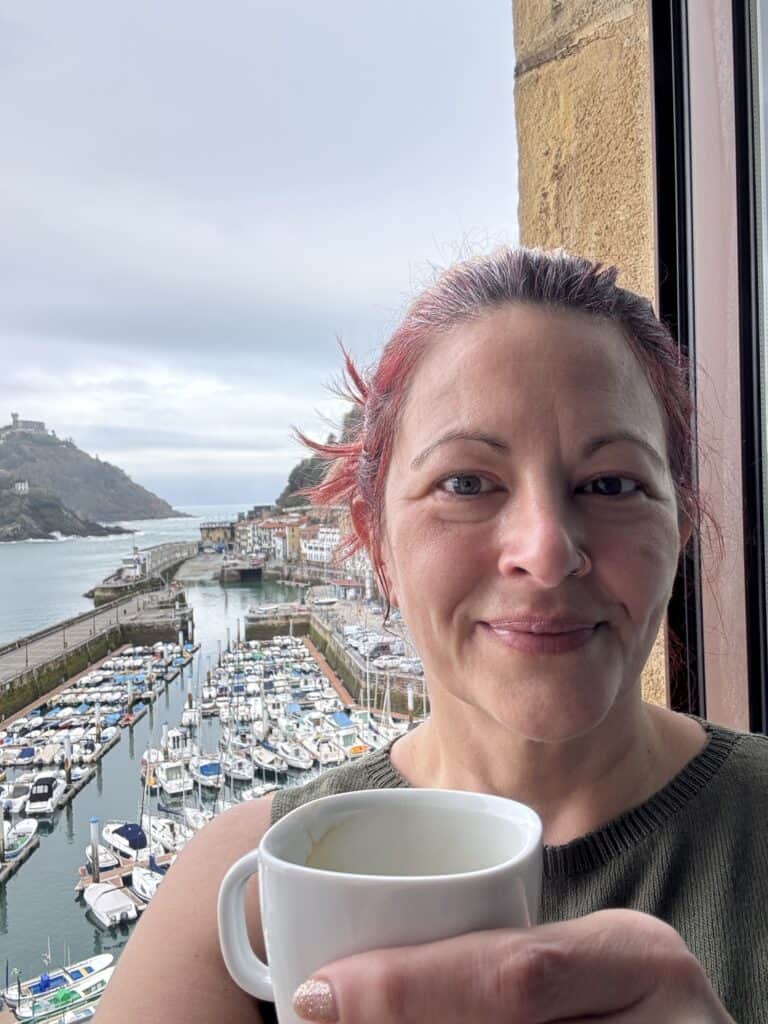 Woman in front of a marina