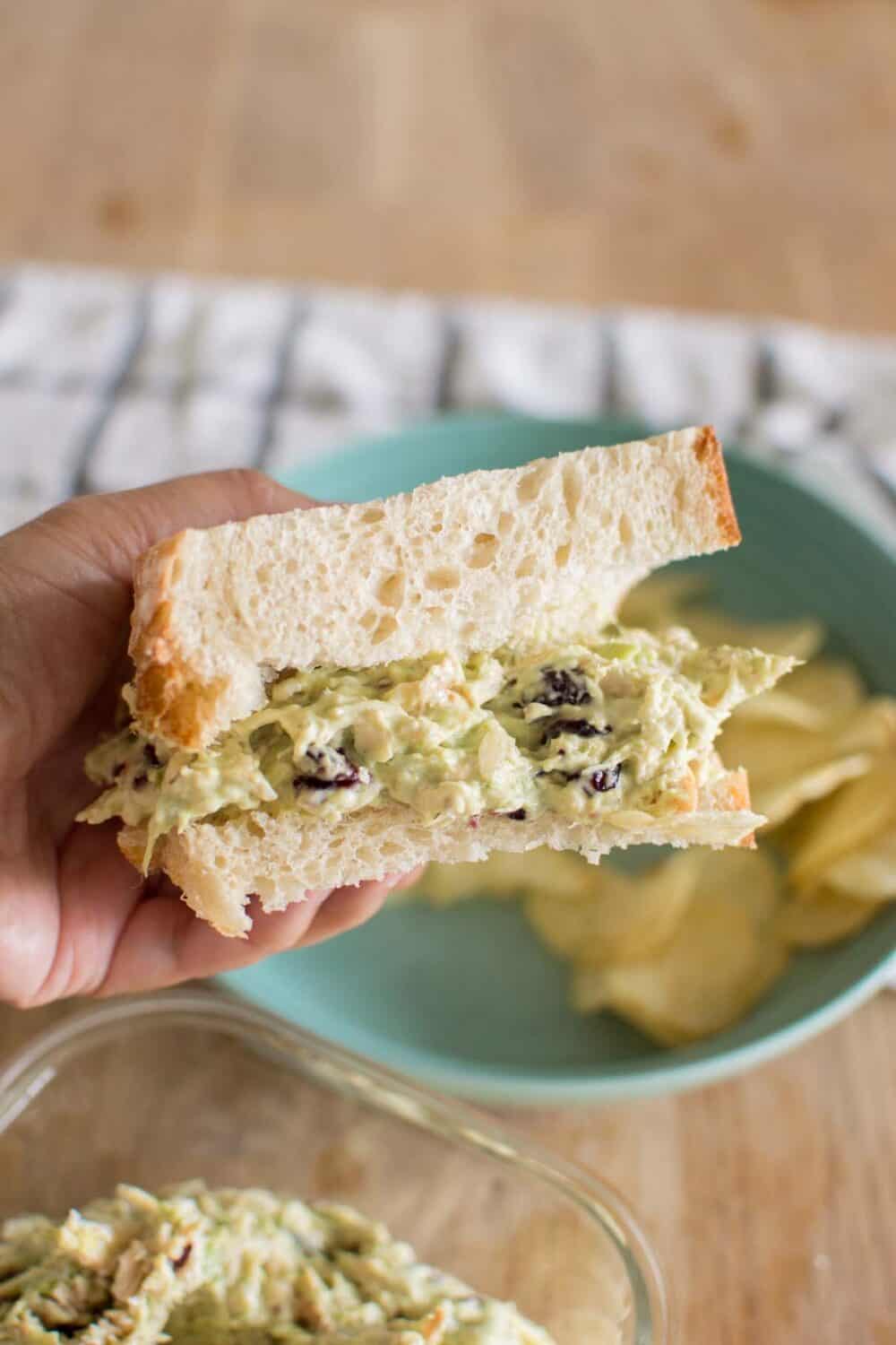 Close-up of Avocado Ranch Chicken Salad Sandwich showing creamy filling