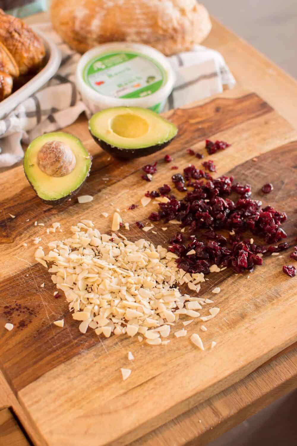 Chopped ingredients for Avocado Ranch Chicken Salad before mixing