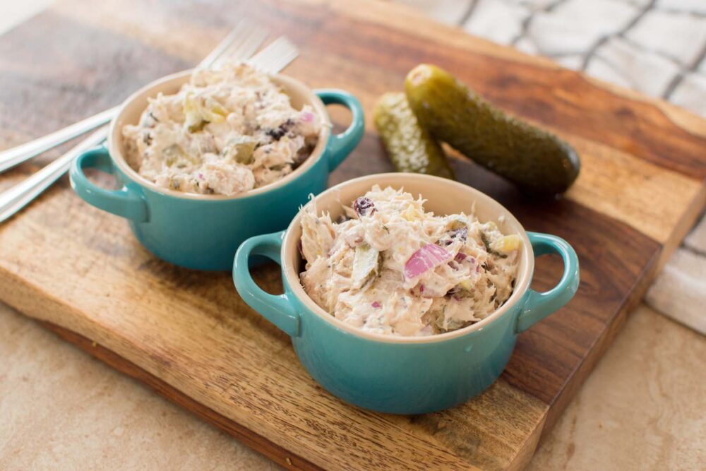 Dill Pickle Chicken Salad recipe with creamy dressing and crunchy mix-ins