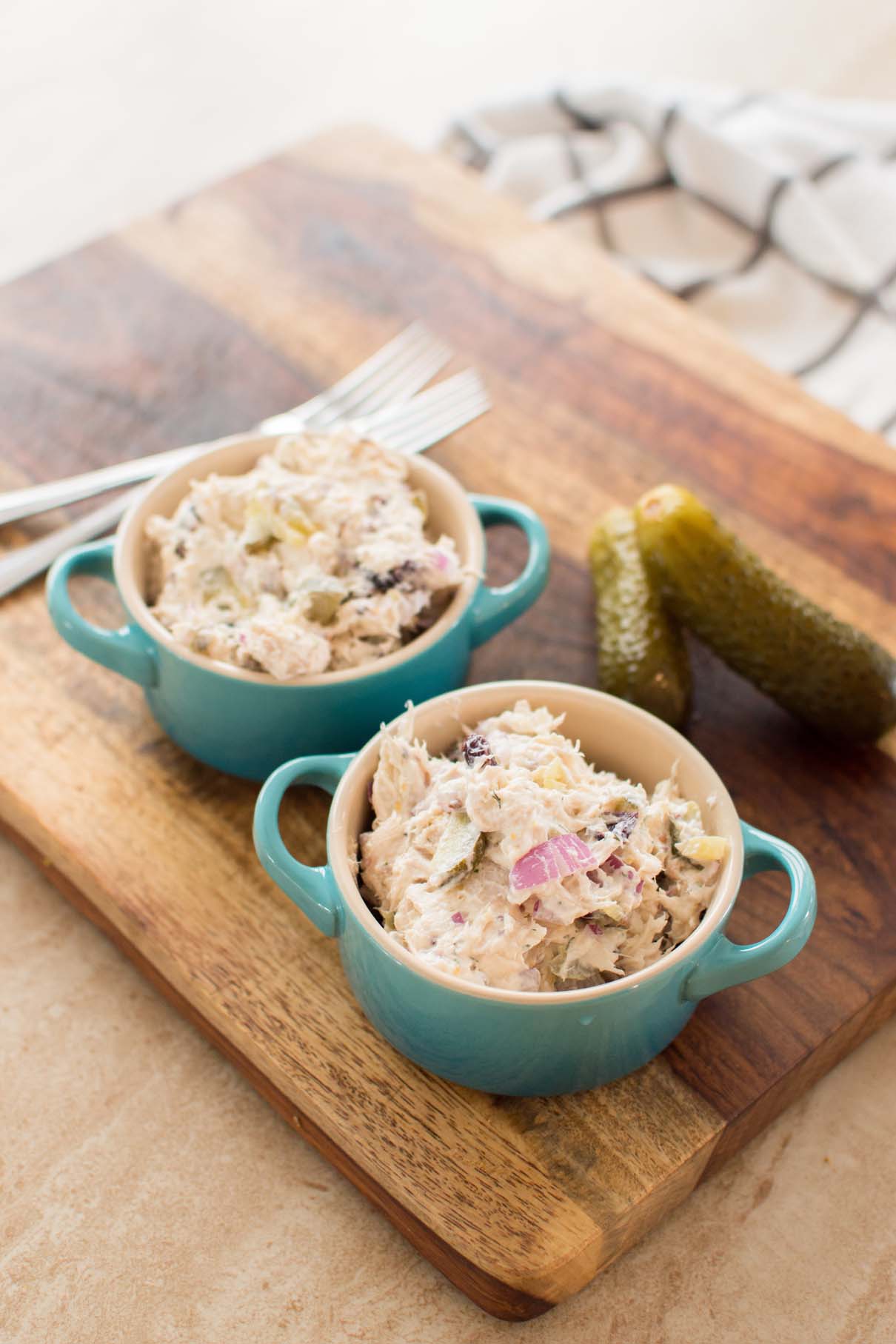 Easy chicken salad with dill pickles served in individual bowls
