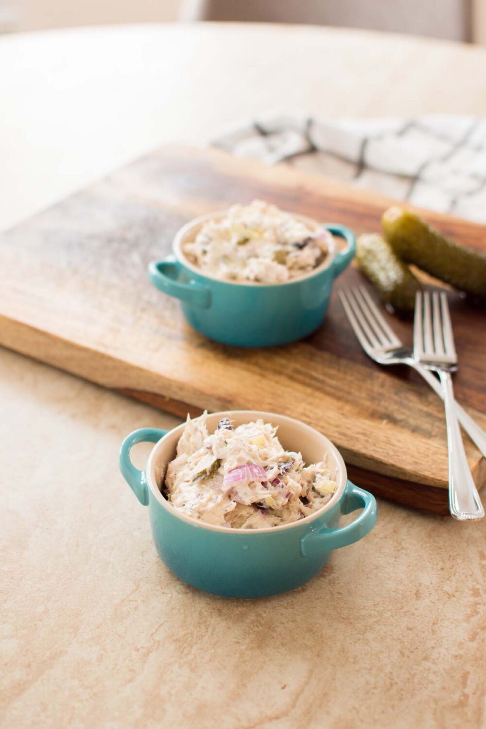Creamy Dill Pickle Chicken Salad served with pickles for an easy lunch