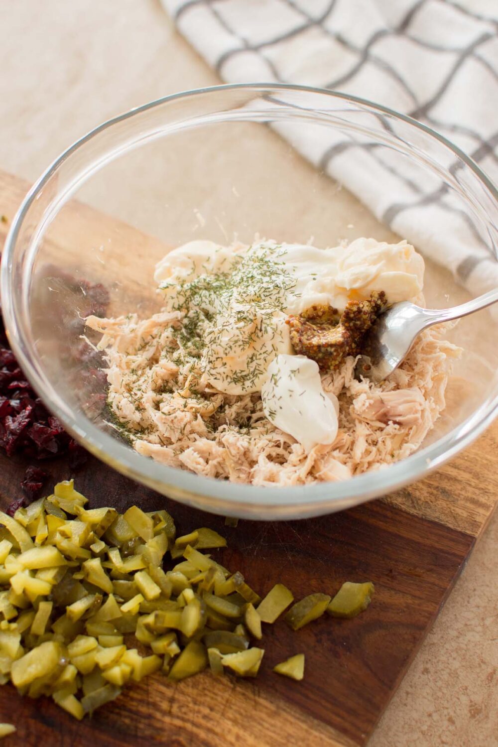 Shredded chicken topped with creamy dressing, Dijon mustard, and dried dill